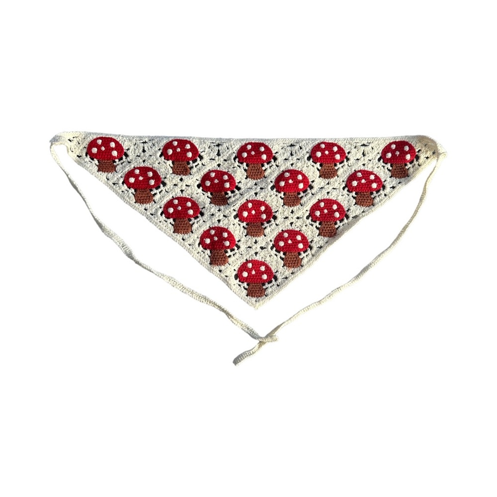 Crochet head kerchief with mushrooms on it 🍄